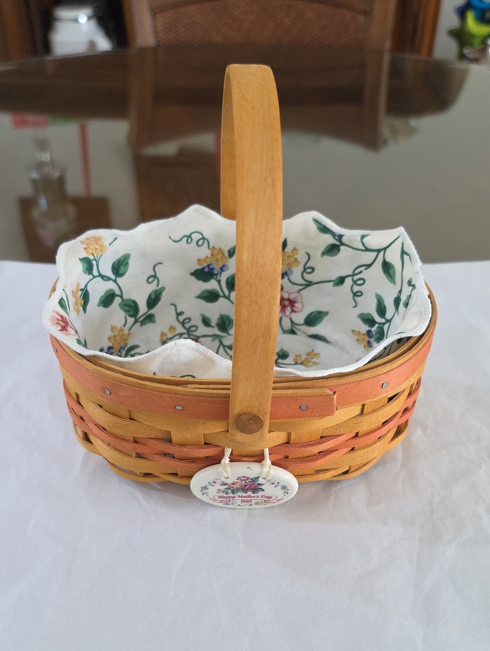 1999 Mothers Day Longaberger Floral-Lined Basket With Liner And Tie On